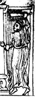 Darstellung eines Gewichtswebstuhls im 13. Jahrhundert